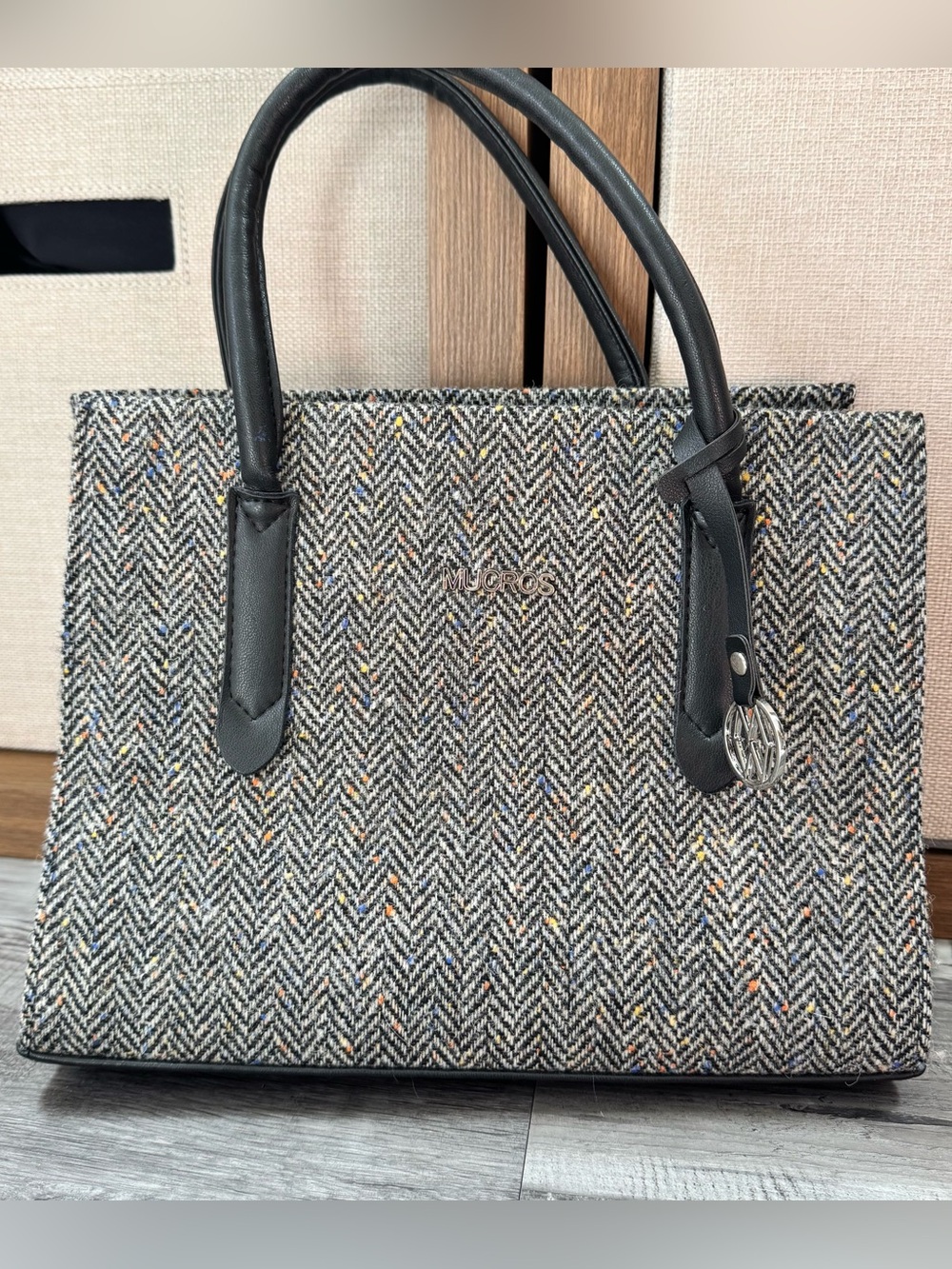 Mucros Weavers Gray Herringbone Irish Tweed Tote Bag Black Leather Handles
